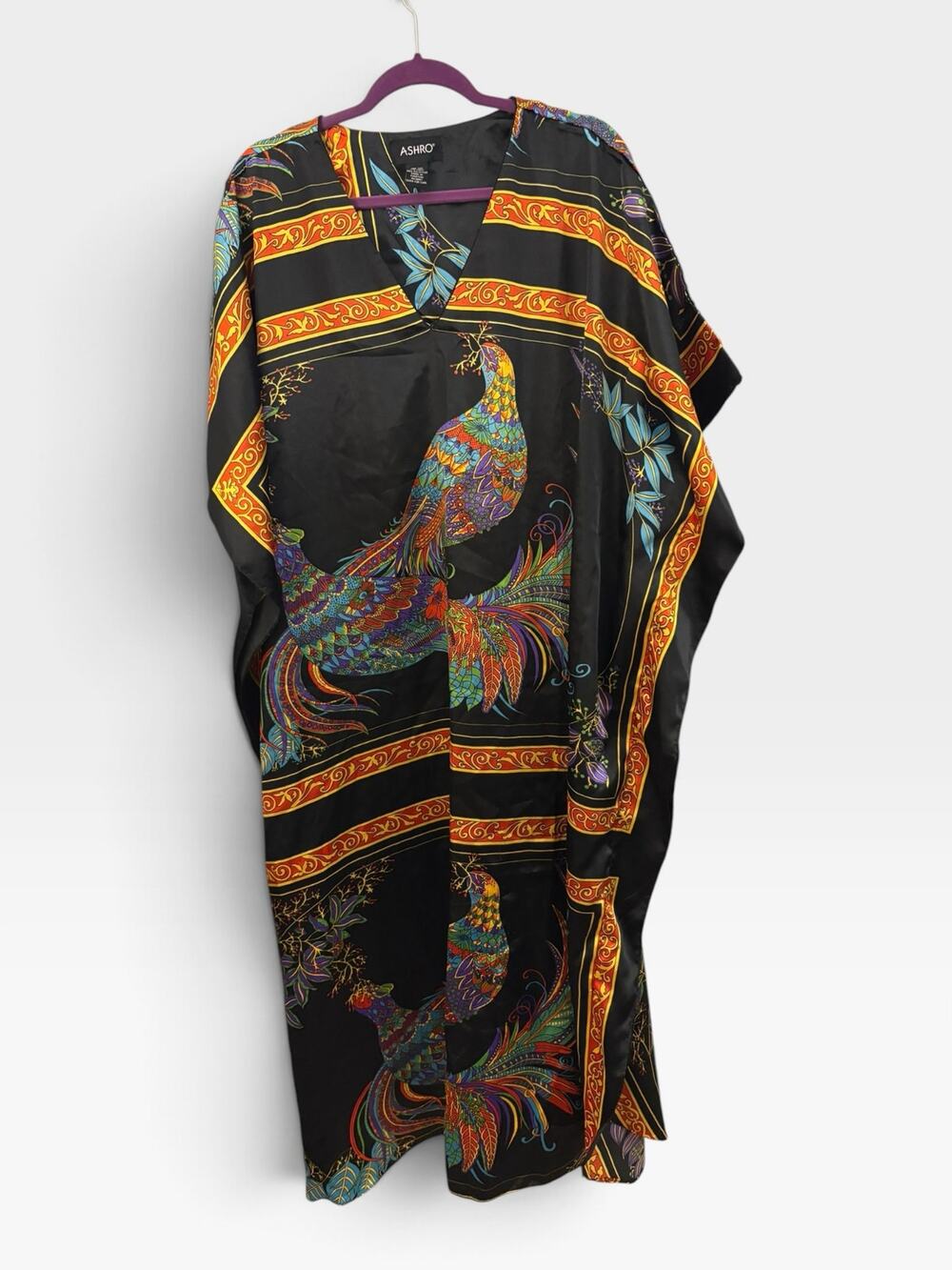 Vintage Ashro Kaftan With Bird Design Bold Colors on Black Boho Chic Retro OS